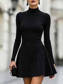 Balvessa Women's Polka Dot Pattern Stand Collar Long Sleeve Elegant Knit Dress - Black and White - View 4