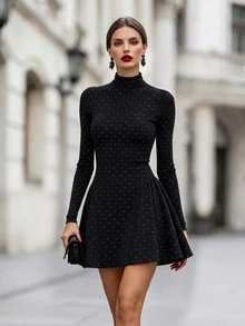 Balvessa Women's Polka Dot Pattern Stand Collar Long Sleeve Elegant Knit Dress - Black and White - View 2