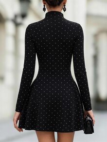Balvessa Women's Polka Dot Pattern Stand Collar Long Sleeve Elegant Knit Dress - Black and White - View 3