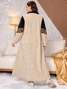 Lacomfia Winter New Plus Size Women's Plush Patchwork Zip-Up Flip-Up Collar Long Sleeve Loose Fit Long Dress, Suitable For Casual Daily Occasions - Multicolor - View 2
