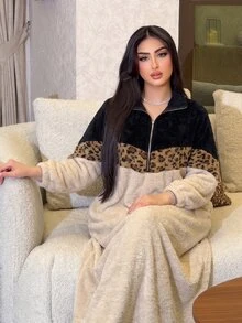 Lacomfia Winter New Plus Size Women's Plush Patchwork Zip-Up Flip-Up Collar Long Sleeve Loose Fit Long Dress, Suitable For Casual Daily Occasions - Multicolor - View 1