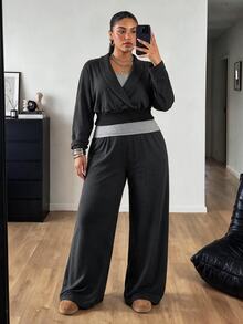 POPSWAY Plus Size Women's Dropped Shoulder Long Sleeve 2 In 1 T-Shirt And Wide Leg Pants Casual Set - Grey - View 6