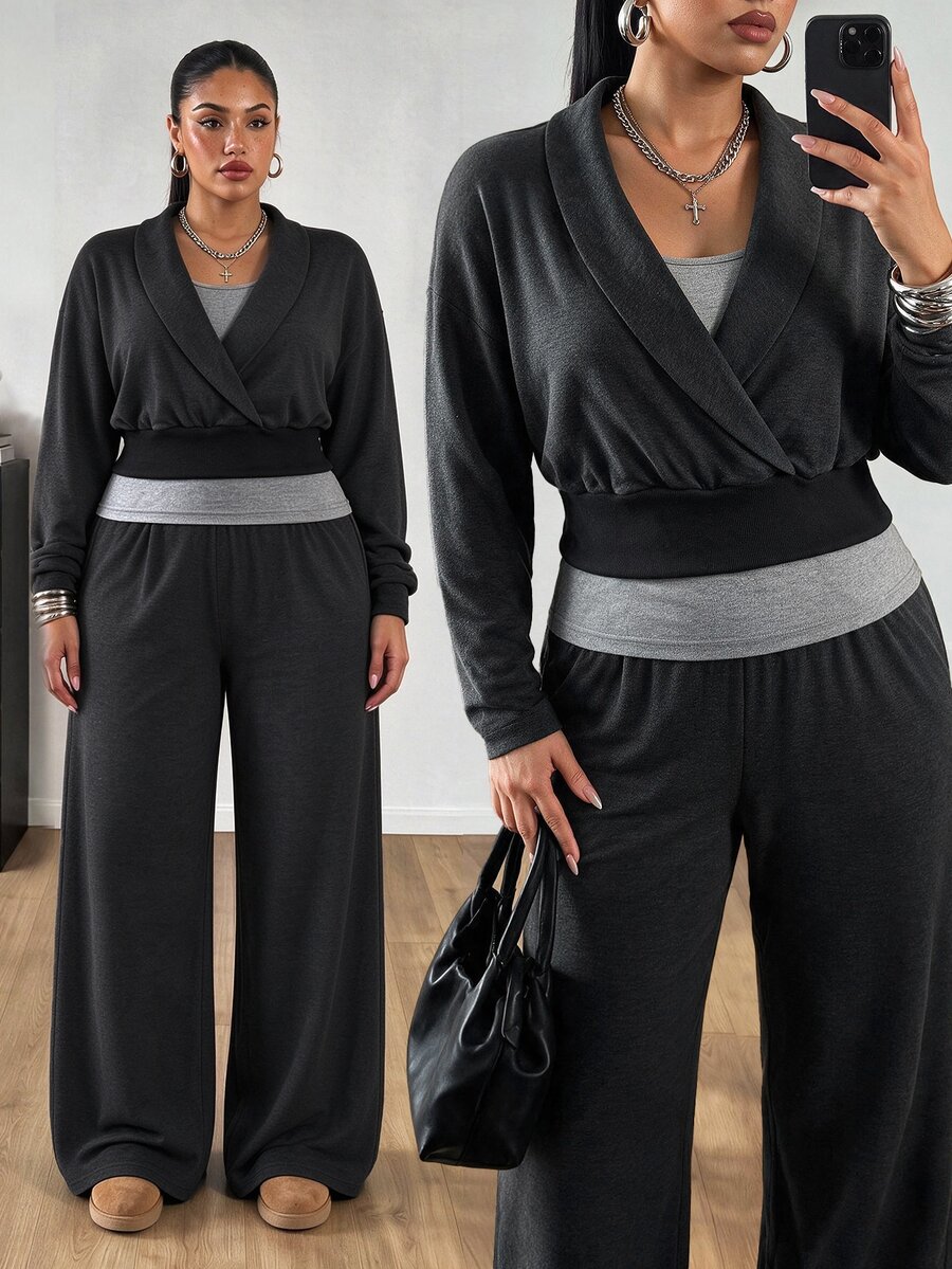 POPSWAY Plus Size Women's Dropped Shoulder Long Sleeve 2 In 1 T-Shirt And Wide Leg Pants Casual Set - Grey - View 1