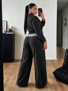 POPSWAY Plus Size Women's Dropped Shoulder Long Sleeve 2 In 1 T-Shirt And Wide Leg Pants Casual Set - Grey - View 2