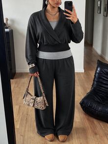 POPSWAY Plus Size Women's Dropped Shoulder Long Sleeve 2 In 1 T-Shirt And Wide Leg Pants Casual Set - Grey - View 3