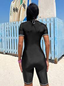 SHEIN Swim 撞色滾邊前拉鏈連體泳衣 - 黑色 - 查看 3