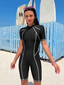 SHEIN Swim 撞色滾邊前拉鏈連體泳衣 - 黑色 - 查看 4