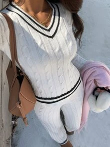 Flirla Women's Autumn/Winter Lazy Fashion Minimalist Casual Daily College Style Home Sweater 2 Pieces Set - Black and White - View 3