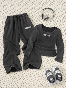 SHEIN Young Girl Vintage Washed Young Girl Distressed Snowflake T-Shirt And Pants 2 Pieces Set, Casual Versatile Daily Wear Suitable For Autumn/Winter,Black Top - Grey - View 6