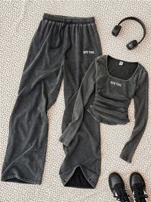 SHEIN Young Girl Vintage Washed Young Girl Distressed Snowflake T-Shirt And Pants 2 Pieces Set, Casual Versatile Daily Wear Suitable For Autumn/Winter,Black Top - Grey - View 8