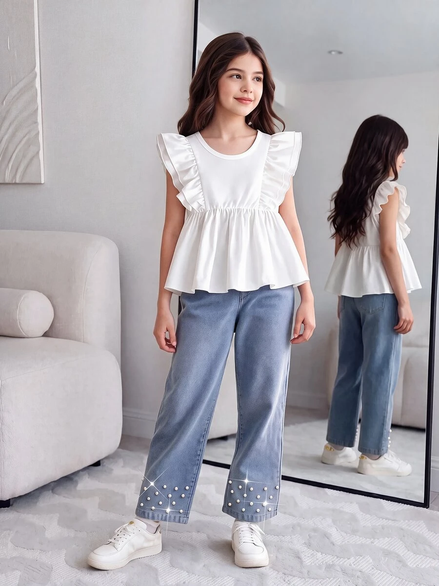SHEIN Tween Girls Aqua Blue Summer Outfit, Sleeveless Ruffle Hem Top With Pearl Embellished Denim Flare Jeans 2Pcs Casual Cute Clothing Set Family
