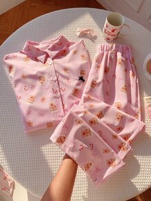 Comfortcana Bộ đồ ngủ mặc nhà nữ mới màu hồng thêu họa tiết, áo sơ mi dáng rộng và quần, phong cách dễ thương cho mùa thu và Giáng sinh - Hồng - Xem 7