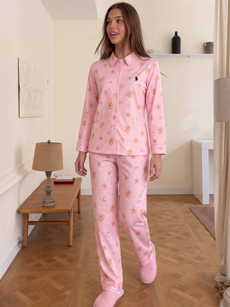 Comfortcana 女款新款粉色刺繡寬鬆襯衫與長褲套裝，聖誕居家休閒睡衣，秋季圖案可愛風 - 粉色 - 查看 6