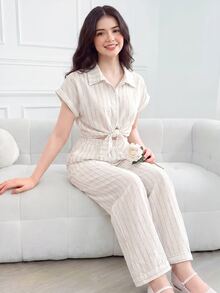 SHEIN 2pcs/Set Casual Striped Lapel Short Sleeve Cropped Top And Wide Leg Cropped Pants Set, Suitable For Commuting And Daily Wear, For Teen Girls - White - View 1