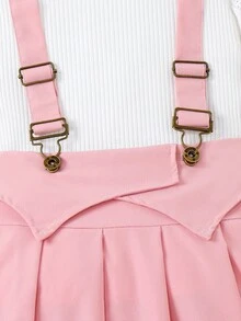 SHEIN 青少年女孩 2件組 短袖純色圓領荷葉袖T恤與百褶吊帶迷你裙 可愛休閒 夏季 - 彩色 - 查看 7