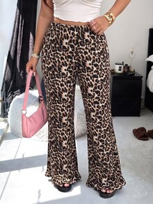 SHEIN EZwear 大尺碼女款豹紋長褲，時尚適合約會、度假、派對、日常穿著、聚會、戶外活動 - 彩色 - 查看 5