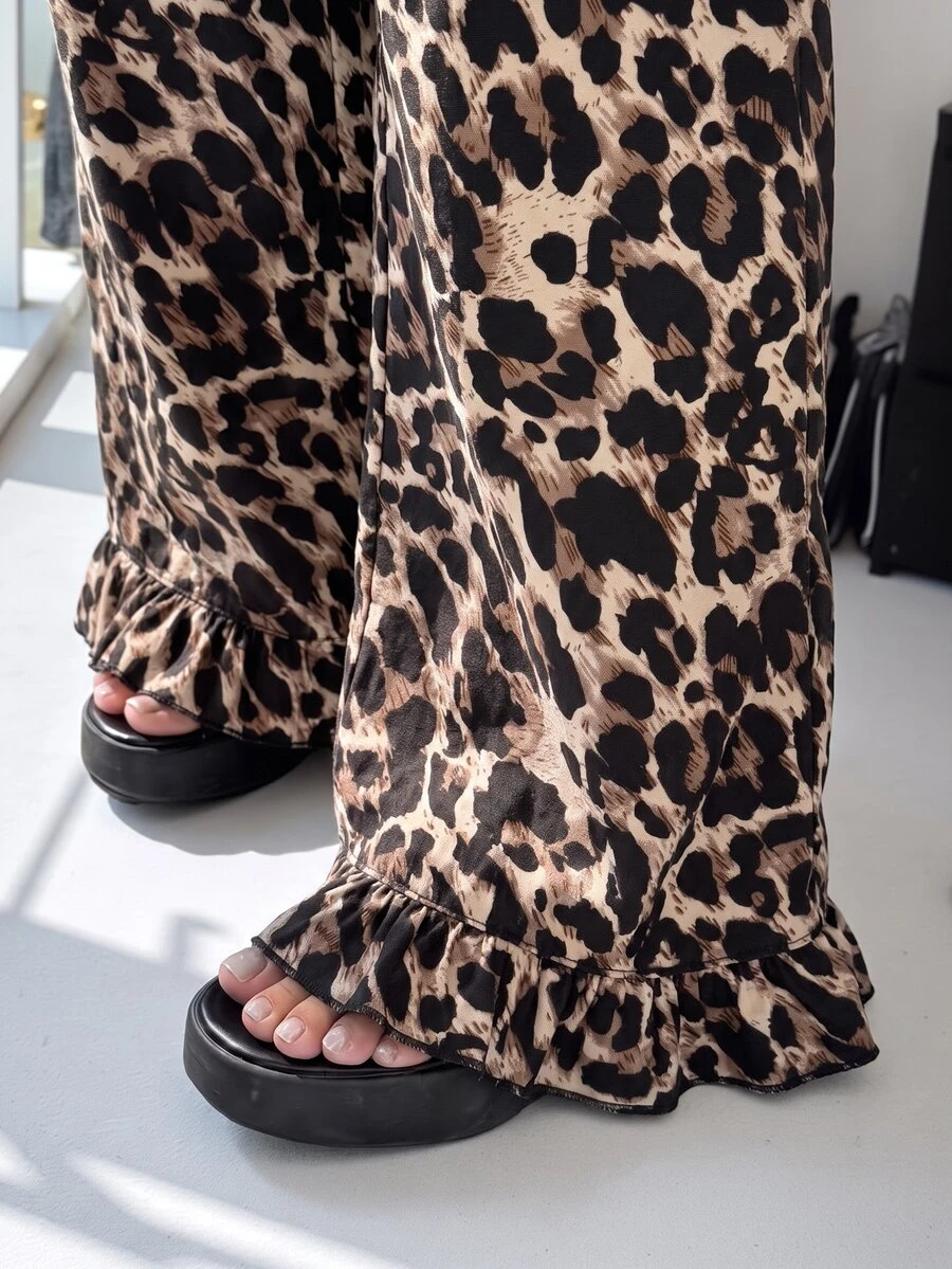 SHEIN EZwear 大尺碼女款豹紋長褲，時尚適合約會、度假、派對、日常穿著、聚會、戶外活動 - 彩色 - 查看 1