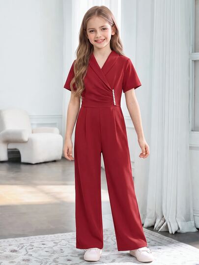 SHEIN Tween Girls' Burgundy Velvet Jumpsuit,Dark Red,Elegant,Party,Spring And Summer,Pearl Accents Wrap Design Wide-Leg Fit For Semi-Formal Family Dinners