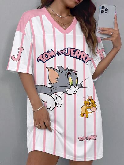TOM & JERRY X SHEIN SHEIN EZwear Plus Size Women's Pink & White Color Block Striped Print T-Shirt Dress, Suitable For Outings, Streetwear, Airport Outfits