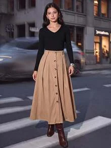 Teen Girls Teen Girl Simple Versatile Daily V-Neck Long Sleeve Autumn/Winter Top + Solid Color Elegant Long Skirt - Multicolor - View 1