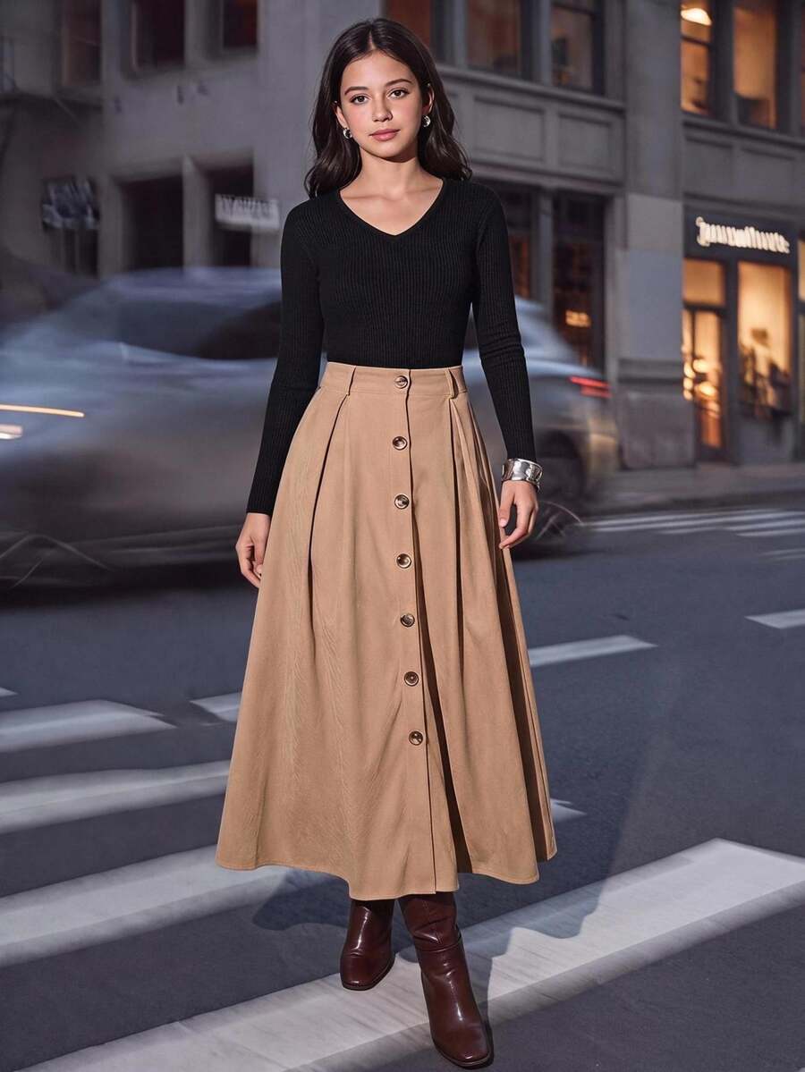 Teen Girls Teen Girl Simple Versatile Daily V-Neck Long Sleeve Autumn/Winter Top + Solid Color Elegant Long Skirt - Multicolor - View 1
