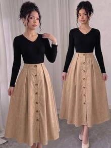 Teen Girls Teen Girl Simple Versatile Daily V-Neck Long Sleeve Autumn/Winter Top + Solid Color Elegant Long Skirt - Multicolor - View 7