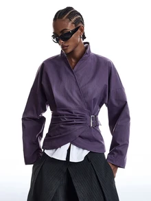 LYSMO Women's Solid Color Side Waist Eyelet Buckle Design Long Sleeve Jacket Office Night Out Date Night Dark Purple Fall Smart Casual Elegant - Purple - View 7
