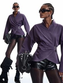 LYSMO Women's Solid Color Side Waist Eyelet Buckle Design Long Sleeve Jacket Office Night Out Date Night Dark Purple Fall Smart Casual Elegant - Purple - View 1