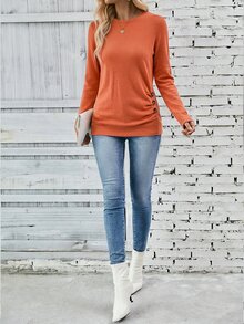 EMERY ROSE 女性春夏季純色圓領長袖休閒T卹，帶褶皺和鈕扣裝飾 - 橘色 - 查看 4
