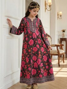 SHEIN Tween Girls' Elegant Traditional Dress, Rose Print Long Sleeve Dress - Multicolor - View 5