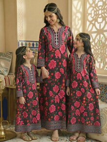 SHEIN Tween Girls' Elegant Traditional Dress, Rose Print Long Sleeve Dress - Multicolor - View 4