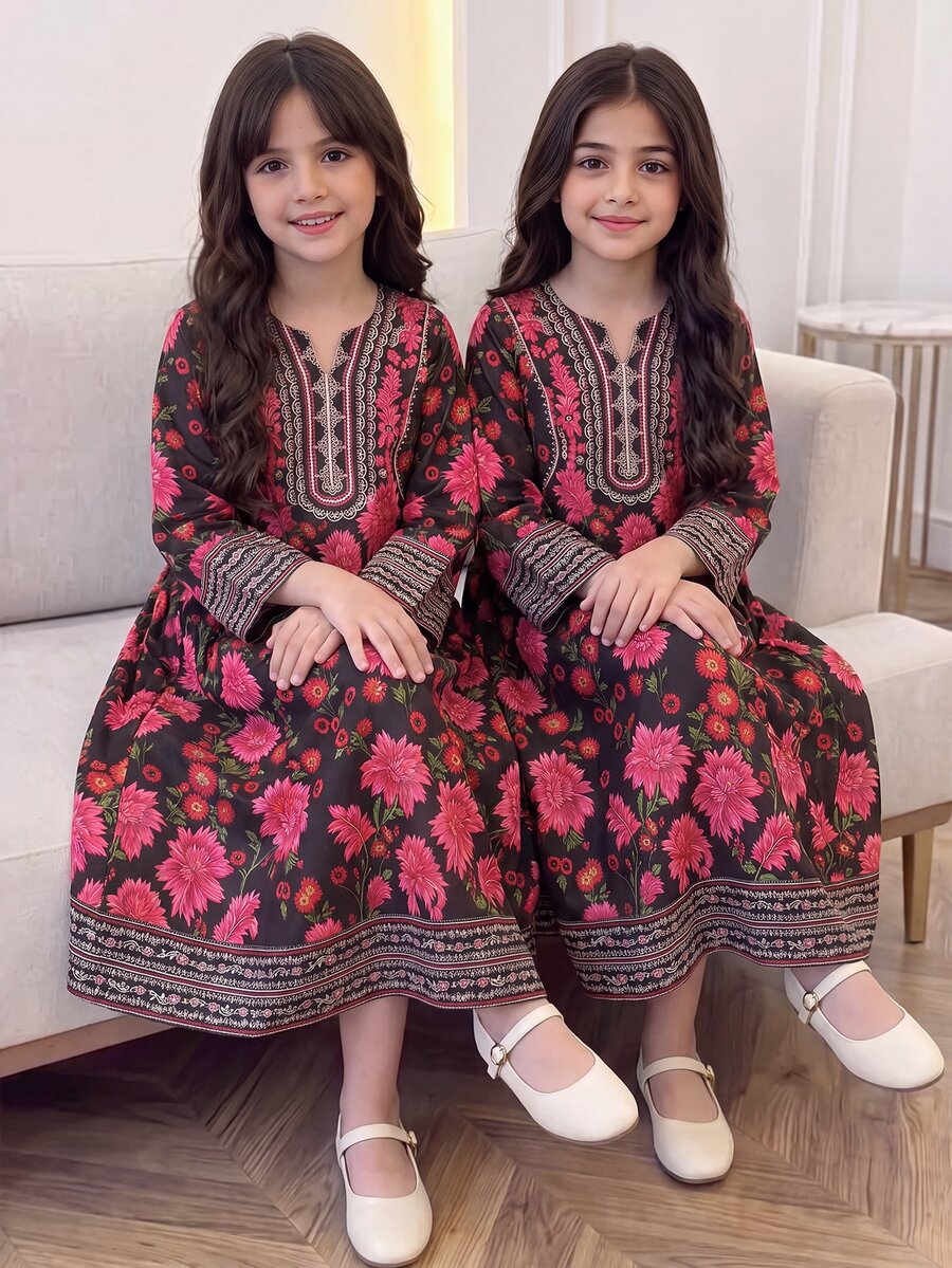 SHEIN Tween Girls' Elegant Traditional Dress, Rose Print Long Sleeve Dress - Multicolor - View 1
