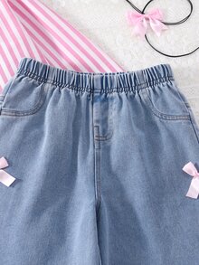 SHEIN Tween女孩3件套套裝 粉色條紋鈕扣襯衫、細肩帶上衣、蝴蝶結裝飾寬腿牛仔長褲 休閒服 春夏假期秋季穿搭 - 珊瑚粉 - 查看 9