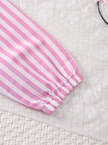 SHEIN Tween女孩3件套套裝 粉色條紋鈕扣襯衫、細肩帶上衣、蝴蝶結裝飾寬腿牛仔長褲 休閒服 春夏假期秋季穿搭 - 珊瑚粉 - 查看 7