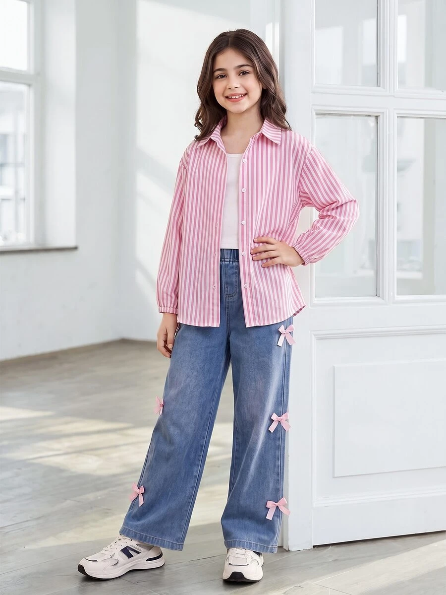 SHEIN Tween Girl 3 Piece Outfits Pink Striped Button Up Shirt Cami Bow Decor Wide Leg Denim Jeans Pants Casual Clothes For Spring Summer Holiday Fall Season