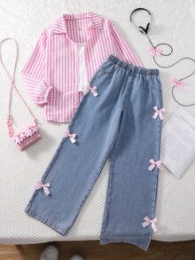 SHEIN Tween女孩3件套套裝 粉色條紋鈕扣襯衫、細肩帶上衣、蝴蝶結裝飾寬腿牛仔長褲 休閒服 春夏假期秋季穿搭 - 珊瑚粉 - 查看 5