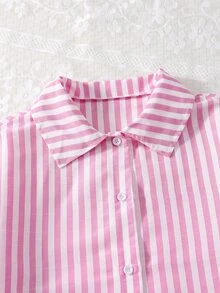 SHEIN Tween女孩3件套套裝 粉色條紋鈕扣襯衫、細肩帶上衣、蝴蝶結裝飾寬腿牛仔長褲 休閒服 春夏假期秋季穿搭 - 珊瑚粉 - 查看 6