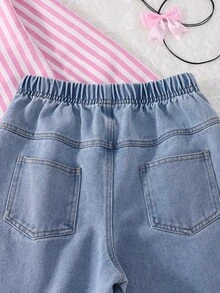 SHEIN Tween女孩3件套套裝 粉色條紋鈕扣襯衫、細肩帶上衣、蝴蝶結裝飾寬腿牛仔長褲 休閒服 春夏假期秋季穿搭 - 珊瑚粉 - 查看 11