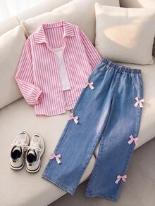 SHEIN Tween女孩3件套套裝 粉色條紋鈕扣襯衫、細肩帶上衣、蝴蝶結裝飾寬腿牛仔長褲 休閒服 春夏假期秋季穿搭 - 珊瑚粉 - 查看 3