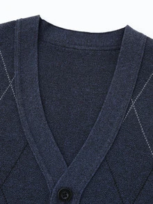 Manfinity CasualKnits Men's V-Neck Argyle Jacquard Button-Up Cardigan Sweater - Navy Blue - View 6