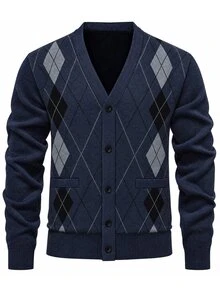 Manfinity CasualKnits Men's V-Neck Argyle Jacquard Button-Up Cardigan Sweater - Navy Blue - View 1