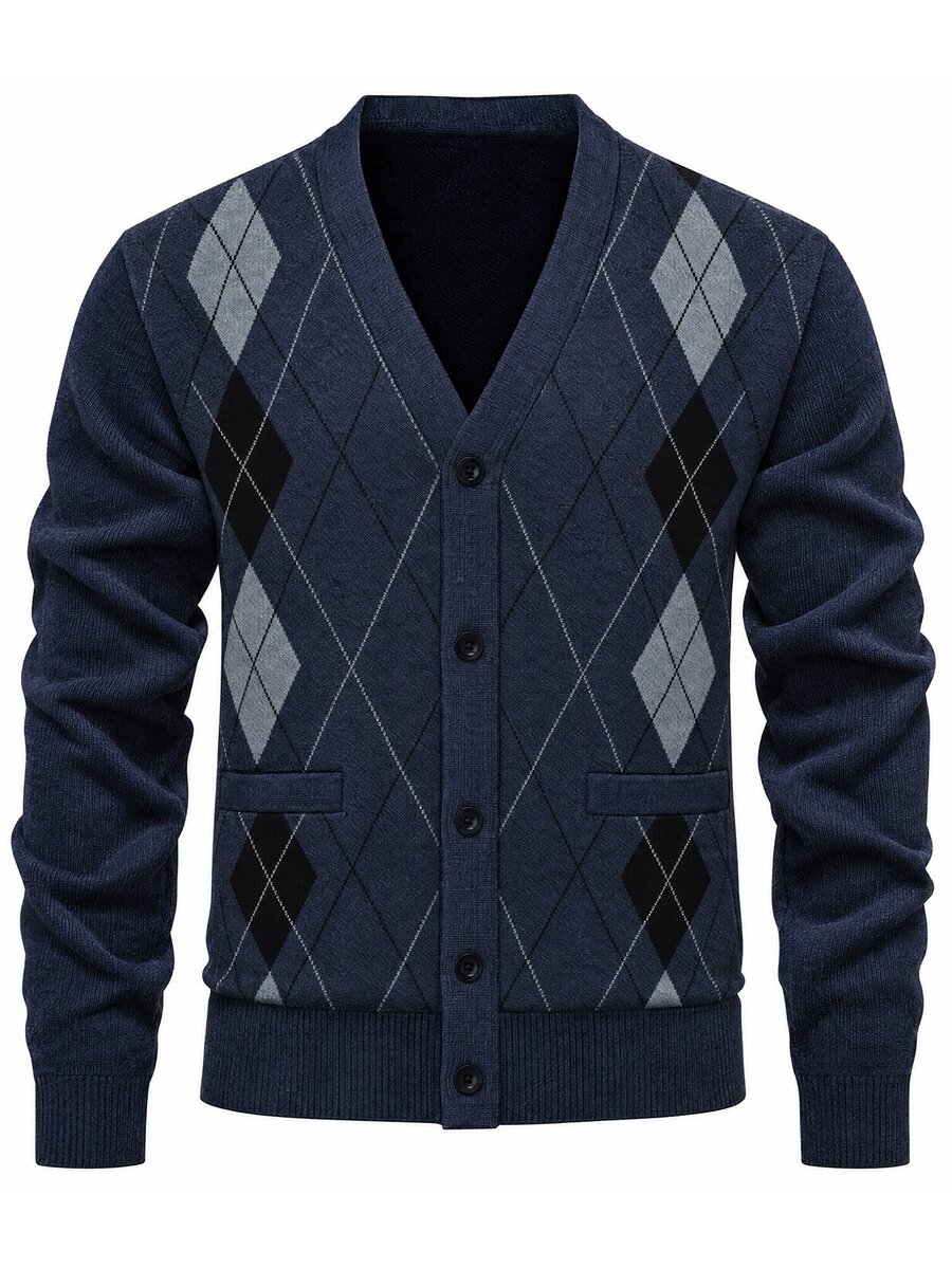 Manfinity CasualKnits Men's V-Neck Argyle Jacquard Button-Up Cardigan Sweater - Navy Blue - View 1