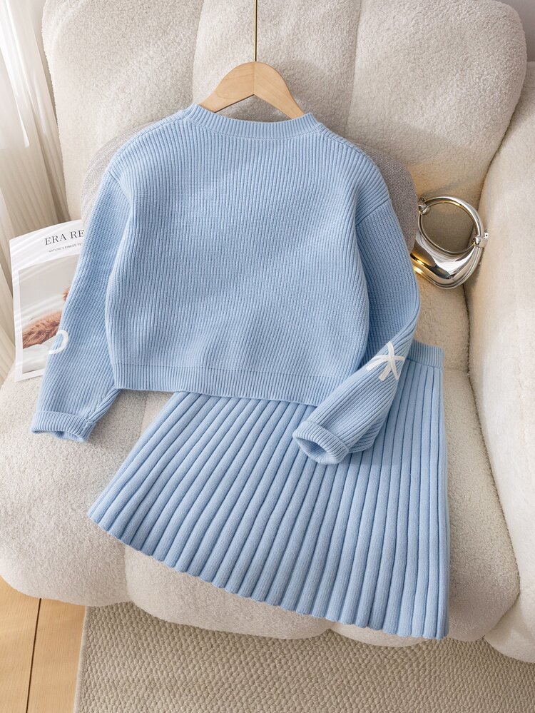 SHEIN 8-12 Years Old Tween Girls Light Blue 3D Embroidered Bow Round Neck Knitted Sweater And Pleated Skirt 2 Pieces Set, Soft Sweet Cute Outfit For School - Blue - View 2
