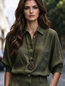 SHEIN Women's Linen Casual Commute Slouchy Long Sleeve Shirt - Dark Green - View 1