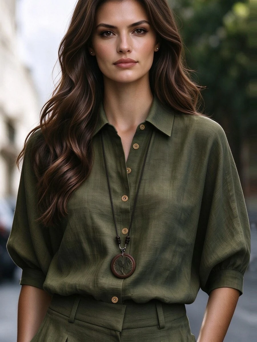 SHEIN Women's Linen Casual Commute Slouchy Long Sleeve Shirt - Dark Green - View 1