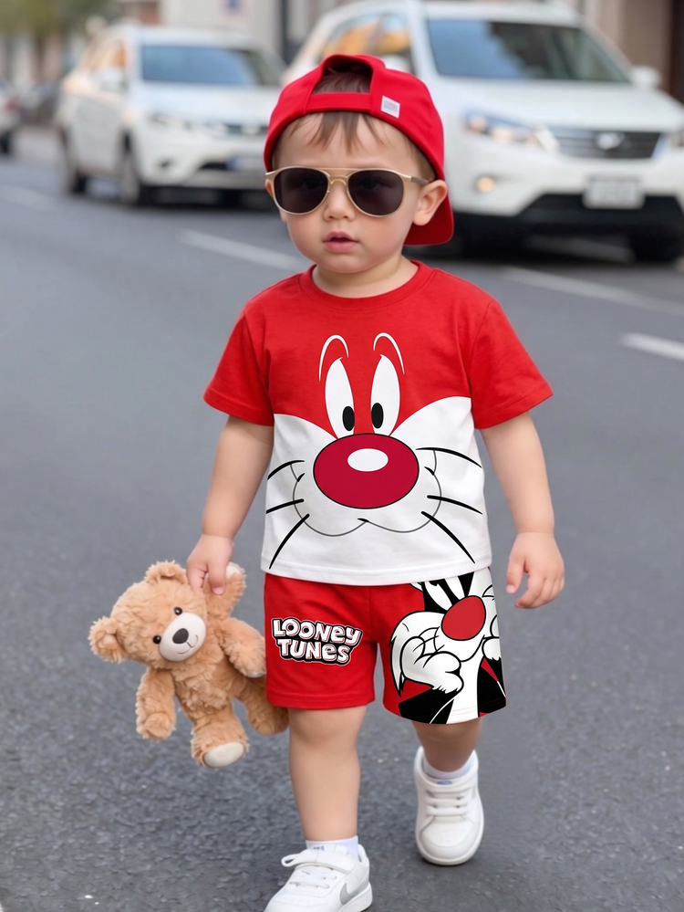 LOONEY TUNES X SHEIN GraphicGems Conjunto casual diario para bebé niño con camiseta de manga corta de cuello redondo con estampado de dibujos animados y pantalones cortos - Rojo - Añade 6