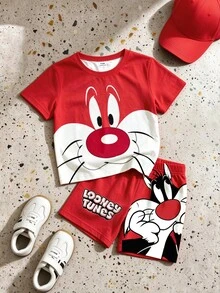 LOONEY TUNES X SHEIN GraphicGems 男嬰圓領卡通印花短袖T恤與短褲休閒日常套裝 - 紅色 - 查看 3
