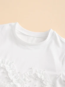 SHEIN Tween Girls Round Neck Faux Pearl Decor Short Sleeve T-Shirt Bow Denim Pants Casual Outfit Summer Cute Family School White Aqua Blue Holiday - Multicolor - View 7