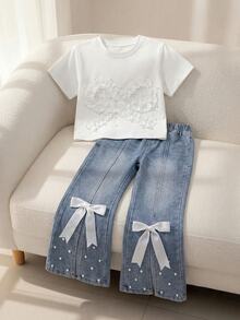 SHEIN Tween Girls Round Neck Faux Pearl Decor Short Sleeve T-Shirt Bow Denim Pants Casual Outfit Summer Cute Family School White Aqua Blue Holiday - Multicolor - View 4