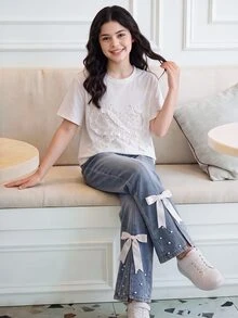 SHEIN Tween Girls Round Neck Faux Pearl Decor Short Sleeve T-Shirt Bow Denim Pants Casual Outfit Summer Cute Family School White Aqua Blue Holiday - Multicolor - View 2